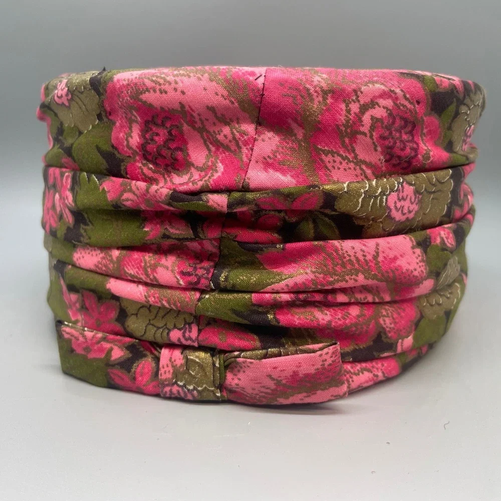 Vintage Pink Floral Pillbox Hat Metallic Gold Olive Green Pleated Bow 1960s